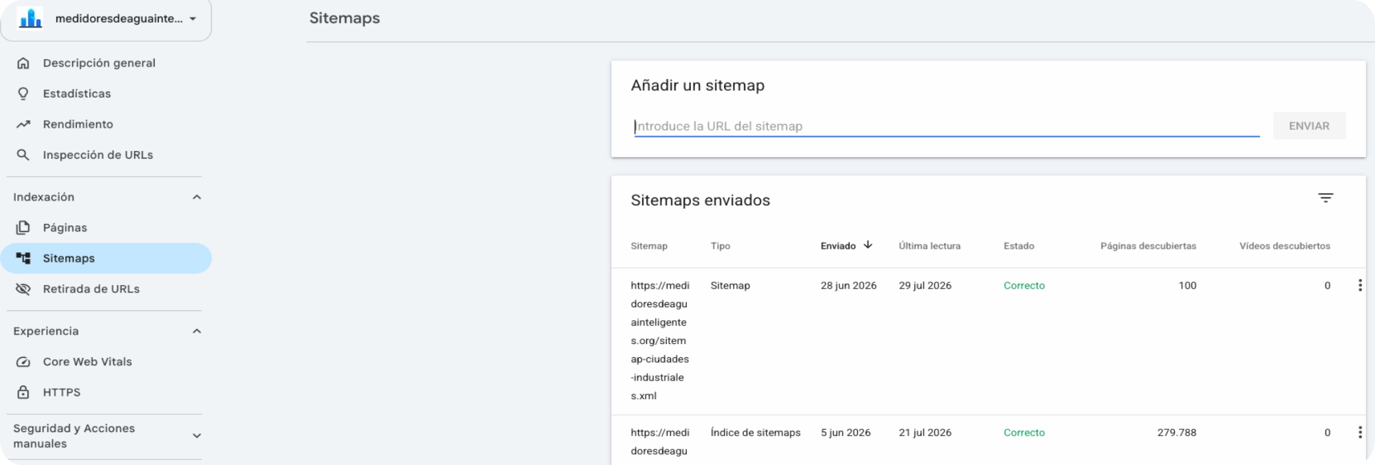 Google Search Console de medyquim.com con 279,788 páginas descubiertas