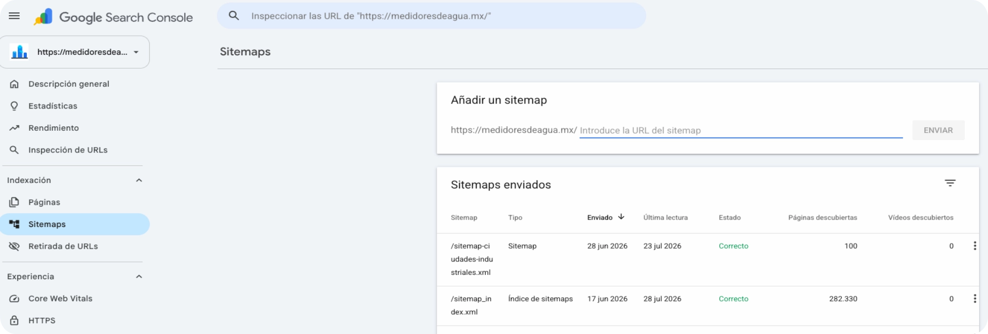 Google Search Console de medidoresdeagua.mx con 282,330 páginas descubiertas