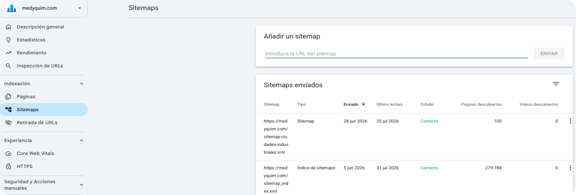 Google Search Console de medidoresdeaguainteligentes.org con 279,788 páginas descubiertas