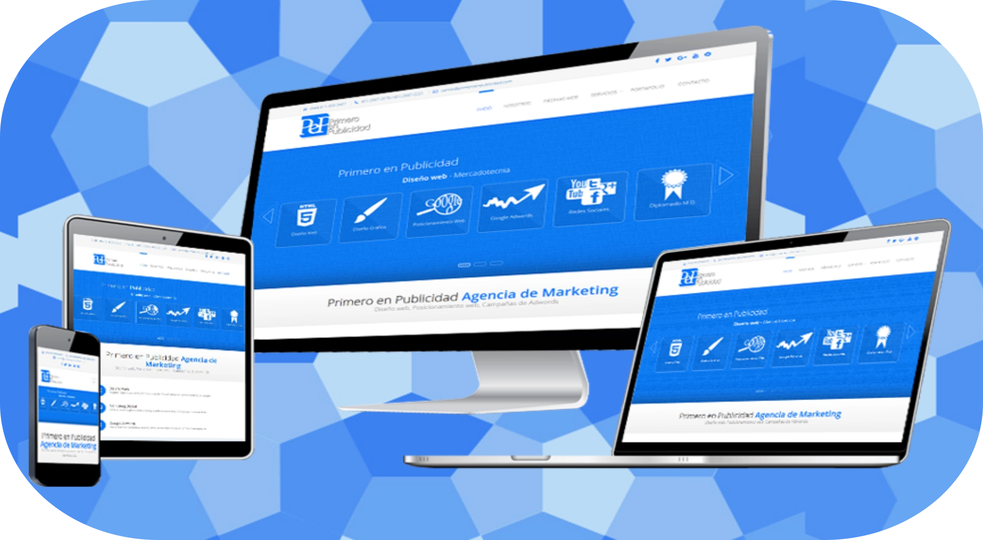 Diseño web responsive de Primero en Publicidad mostrado en computadora, tableta y teléfonos